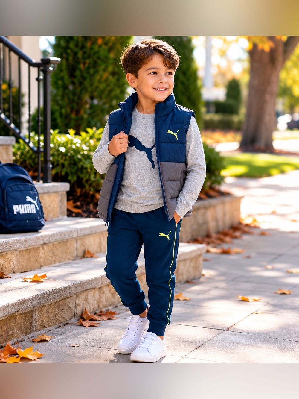 Puma Boys 3 Piece Outfit Set XS 5/6 Vest Joggers Shirt Teal Gray